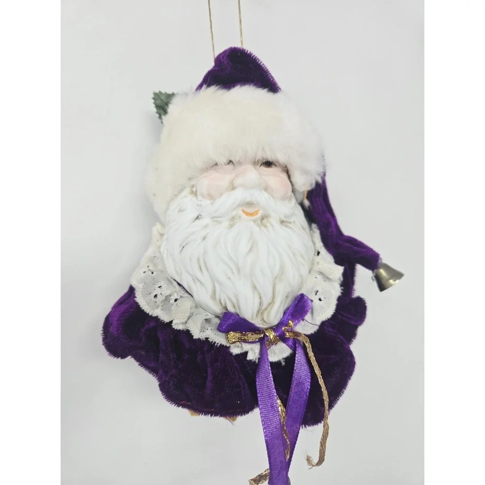 Vintage Santa Head Ornament Or Shelf Sitter White  Purple w Porcelain Face Lot 2